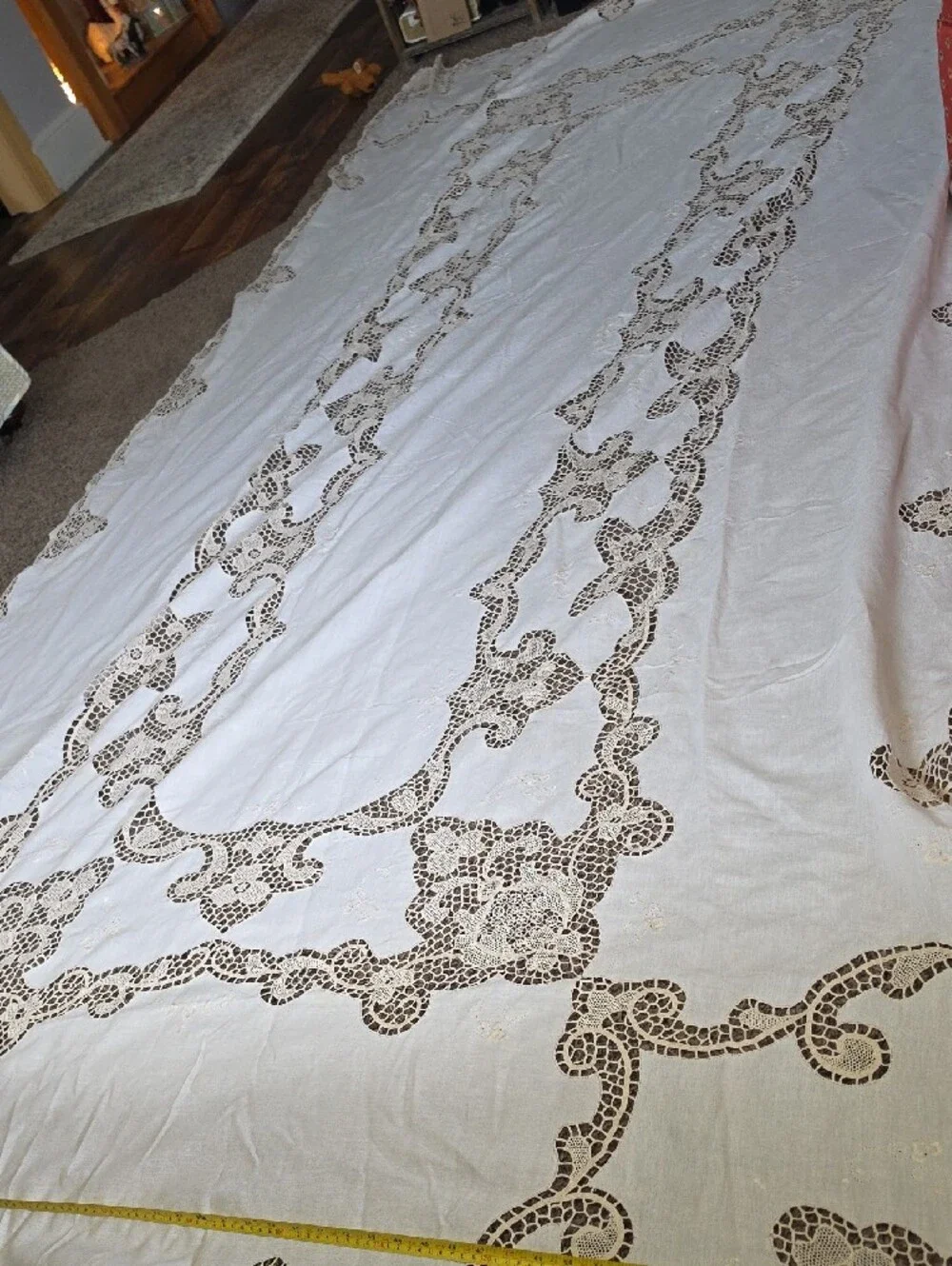 Handmade Cut And Lace Cream Banquet Tablecloth with Lace Insets - 138 x 65